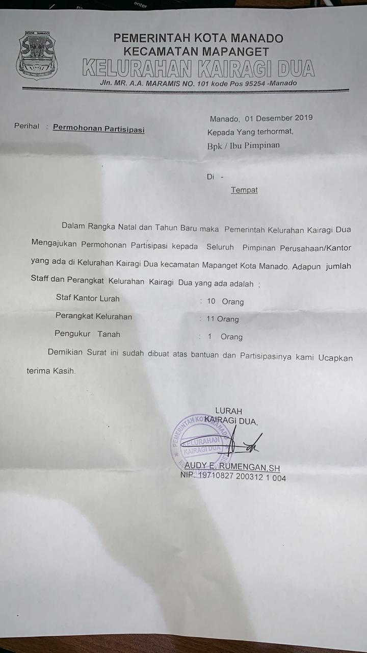 Astaga! Beredar Surat Lurah di Manado Minta Partisipasi Natal Dari Pimpinan Kantor dan Perusahan