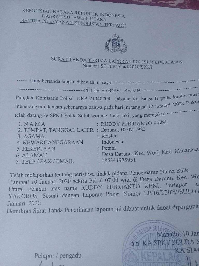 Oknum ASN Mantan Plt Hukum Tua Desa Darunu Diseret ke Polda Sulut