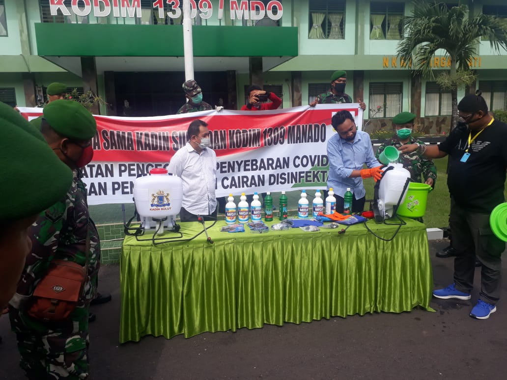 Lindungi Warga dari Virus Corona, KADIN Sulut dan Kodim Semprot Disinfektan di Ruang Publik