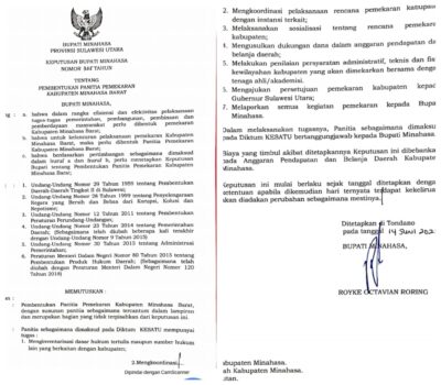 SK Terbit, Panitia Pemekaran Minahasa Barat Direstui Bupati ROR, Begini Struktur Lengkapnya