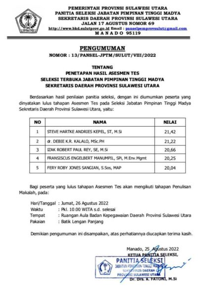 Nilai Steve Kepel Tertinggi di Asesmen Tes Calon Sekprov Sulut, Selanjutnya Tahapan Penulisan Makalah