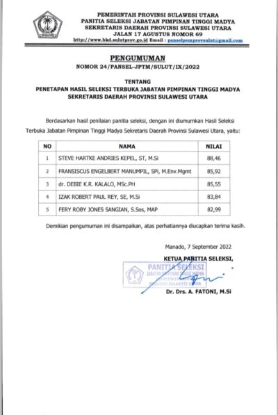 Pansel Umumkan Hasil Pleno Seleksi Calon Sekdaprrov, Nasib Steve Kepel cs Ditentukan Gubernur dan Presiden