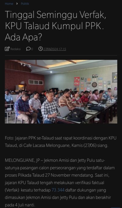 Ralat Berita “Tinggal Seminggu Verfak, KPU Talaud Kumpul PPK. Ada Apa?”